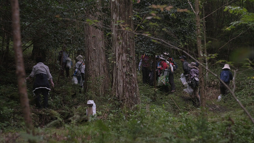 写真:山(森)に入る参加者たち